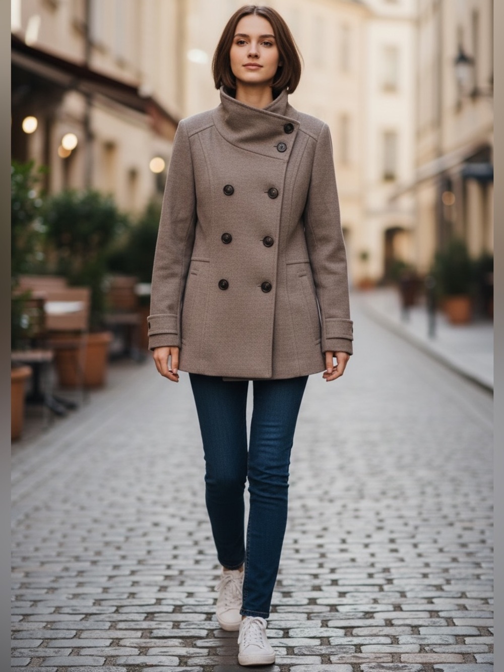 H&M Tan Warm Blazer Pea Coat with Snap Up Collar